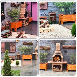 a collage of four pictures of a building with a fireplace at Zen Apartmani in Zrenjanin