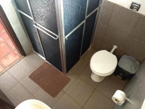 a small bathroom with a toilet and a shower at Pousada Vênus in Monte Verde