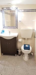 een badkamer met een toilet, een wastafel en een spiegel bij Lisbon City Centre Apartment in Lissabon