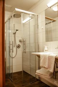 a bathroom with a glass shower and a sink at Haus Kathrin in Werfenweng