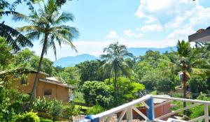 a view from the balcony of a house with palm trees at Casas com jacuzzi e churrasqueira a 500 metros da Praia do Perequê na Ilhabela in Ilhabela