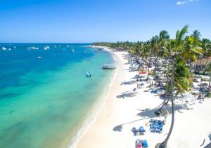 eine Luftblick auf einen Strand mit Palmen in der Unterkunft Apartamento Deluxe para Parejas en Punta Cana in Punta Cana