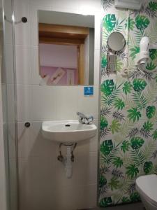 a bathroom with a sink and a mirror at Pensión Úbeda in Fuenmayor +68 photos
