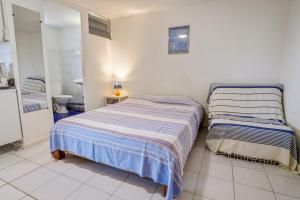 a small bedroom with a bed and a bathroom at Studio avec vue sur la mer jardin clos et wifi a Saint Paul a 8 km de la plage in Fleurimont