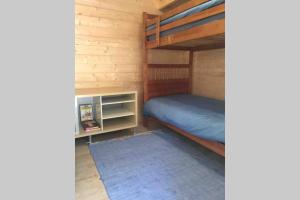 a bedroom with a bunk bed and a rug at Ruime Chalet i/h bos met grote tuin en zwembad in Enschede