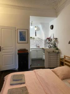 um quarto com uma cama e uma cozinha com um balcão em Le petit carnot em Apt