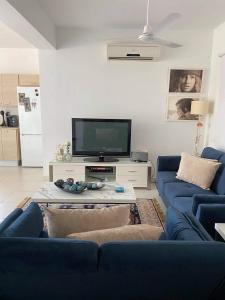 a living room with blue couches and a tv at Sea View Villa Paralimni in Paralimni