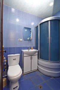 a blue bathroom with a toilet and a shower at Argishti Street, 1 bedroom Modern apartment GL131 in Yerevan