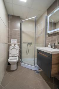a bathroom with a shower and a toilet and a sink at Vanilla Boutique Apartments in Skopje +93 photos