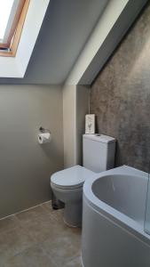 a bathroom with a toilet and a bath tub at Liongate House in Ilchester