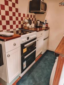 a kitchen with a stove and a microwave at Alicias Cottage, Bacton in Norwich