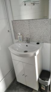 bagno con lavandino bianco e specchio di Csónakház a Tiszadob