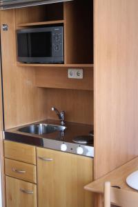 a kitchen with a sink and a microwave at Appartment München Isartor in Munich