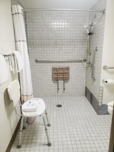 a bathroom with a shower with a chair and a toilet at Blackstone Lodge and Suites in Lead