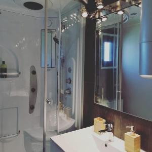 a bathroom with a shower and a sink and a mirror at Zemzari in Jūrkalne