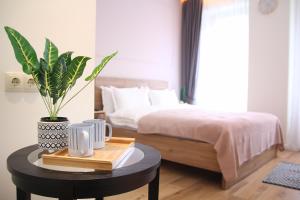 ein Schlafzimmer mit einem Bett und einem Tisch mit einer Topfpflanze in der Unterkunft Parilament on Rustaveli 4 rooms in Tbilisi City