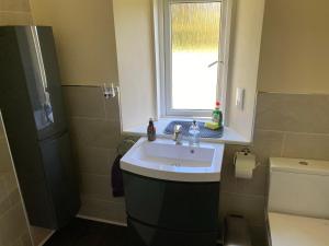 a bathroom with a sink and a window and a toilet at Loch Morar Private Suite in Mallaig