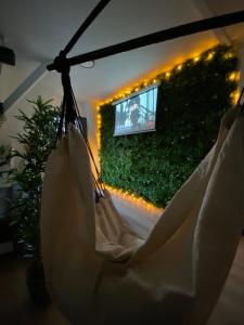 een hangmat in een woonkamer met een tv bij Capsule Roubaix/Lille Balneo*Home cinéma*Billard in Roubaix