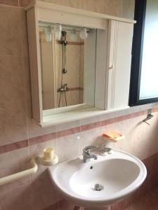 uma casa de banho com um lavatório, um espelho e um chuveiro em villa domenica em Torre Squillace