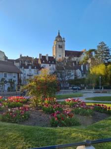 a park with flowers and a castle in the background at La Darbella - Style chalet de montagne in Dole