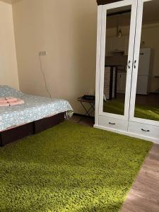 a bedroom with a green rug next to a bed at АpartmentAnna in Odesa