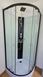 a glass enclosure with a shower in a room at La Cabane de Fierville in Fierville-les-Parcs