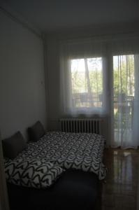 a bedroom with a bed and a large window at Apartman Una in Sremski Karlovci