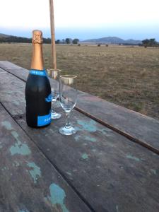 Eine Flasche Champagner und zwei Gläser auf einem Holztisch in der Unterkunft Vittorio, en Llohue in Villa Ventana + 25 Fotos
