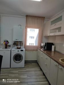 クルジュ・ナポカにあるApartment Farmecのキッチン(洗濯機付)、窓が備わります。