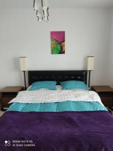 a bedroom with a bed with a purple and white comforter at Apartment Farmec in Cluj-Napoca