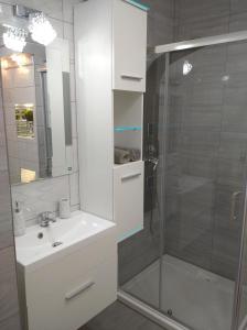 baño blanco con ducha y lavamanos en APARTAMENT CENTRUM Węgorzewa, en Węgorzewo