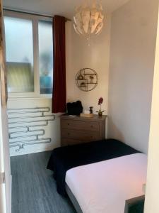 1 dormitorio con cama, ventana y lámpara de araña en SLEEP INN - Industrial Flat Citycenter, en Amberes