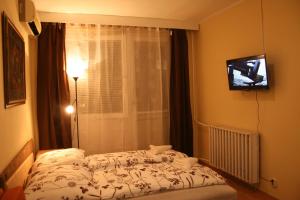 a bedroom with two beds and a television on a wall at Víctor Hugo Central Apartment in Budapest