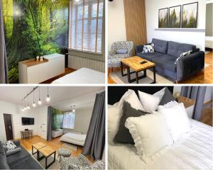 a collage of photos of a bedroom and a living room at Apartamenty Zwierzyniec in Zwierzyniec