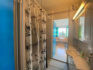 Un baño con cortina de ducha y lavabo. en Iso kolmio ydinkeskustassa 1-6 hlö Ilm.parkit, en Oulu 18 fotos más