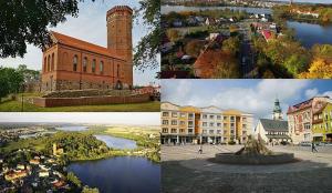 cuatro fotos diferentes de una ciudad y un edificio en Kameralny Domek(jezioro, las, klimatyzacja, Wi-fi), en Czluchów