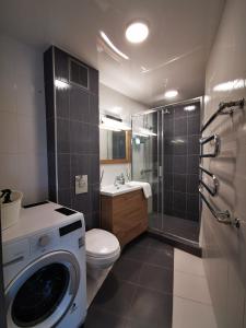La salle de bains est pourvue d'un lave-linge et de toilettes. dans l'établissement Edžio apartamentai, à Palanga