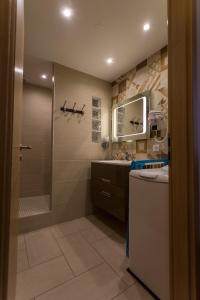 コルマールにあるAppartement avec terrasse "MUSSLIN"のバスルーム(シャワー、洗面台、トイレ付)