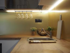 a kitchen with a sink and utensils on the wall at Casa Tierra Loutses in Loútsai