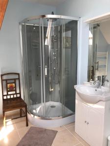 ein Bad mit einer Dusche und einem Waschbecken in der Unterkunft The Old Farm Gite in Amfreville