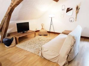 a living room with a couch and a tv at Gîte de la Ferme Florale Ponoie in Chezal-Benoît