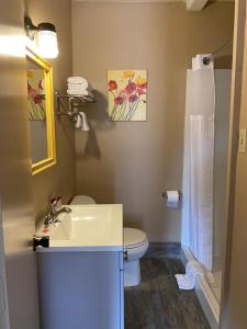a bathroom with a toilet, sink, and shower at Value Inn Motel in Eugene