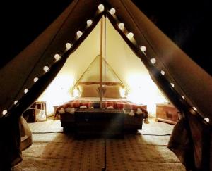a room with a bed in a tent with lights at Romantic Safari tent in Tortosa