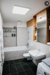 a bathroom with a sink and a tub and a toilet at AH Mlynská Bašta I in Košice