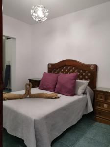 a bedroom with a bed with purple and white pillows at Casa Adeyu 2 in Tarajalejo