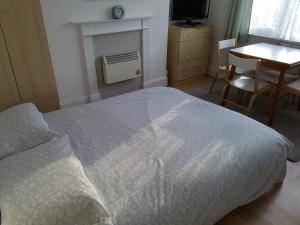 a bedroom with a bed and a table and a chair at Coombe Lodge Holiday Flats in Paignton