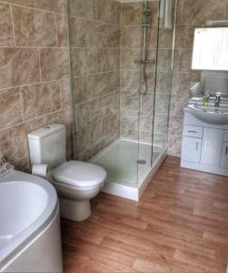 a bathroom with a toilet and a shower and a sink at Westbourne Lodge in Birmingham