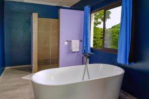 een wit bad in een blauwe badkamer met een raam bij Hôtel Villa Les Orchidées in Ambatoloaka