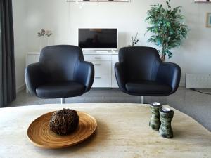 twee zwarte stoelen en een tafel in de woonkamer bij Bogense Feriebo in Bogense