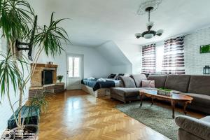 ein Wohnzimmer mit Sofa und Tisch in der Unterkunft Apartament 27 z tarasem in Jelenia Góra